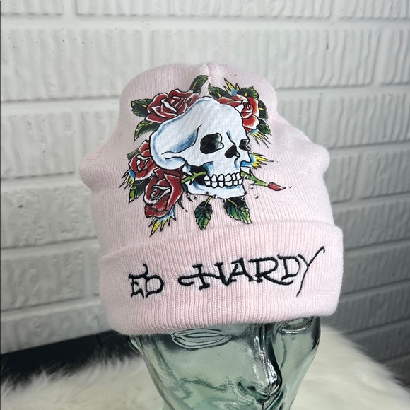 Ed Hardy Accessories - Ed Hardy Light Pink Beanie with Skull and Roses